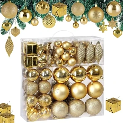 Abbildung von Deuba® Weihnachtskugeln 103tlg Ø 3 8cm Kunststoff matt glänzend Christbaumkugeln Christbaumschmuck Anhänger Weihnachtsbaumkugeln Weihnachtsdeko Gold