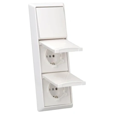 Abbildung von Busch Jaeger Allwetter 44 Set: 2x SCHUKO Steckdose mit Klappdeckel 20 EUGK 34 101 + Wippschalter Einsatz 2000/6 US Wippe 2106 3 fach Rahmen 2103 34, Alpinweiß UP