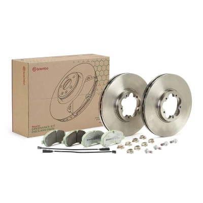 Abbildung von BREMBO KT 10 012 Bremsscheiben und beläge innenbelüftet mit Zubehör Bremssattelschrauben inkl. Verschleißwarnkontakt