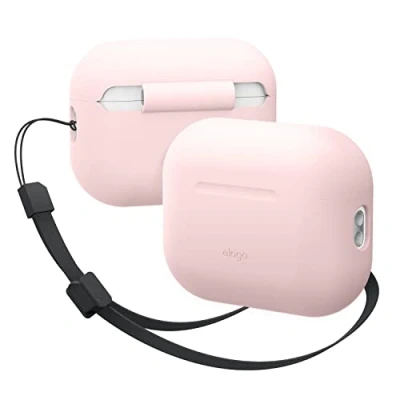 Abbildung von elago Silikonhülle Kompatibel mit Apple AirPods Pro 2. Generation Case, Inklusive Riemen, Front LED sichtbar, Unterstützt Kabelloses Aufladen (Rosa)