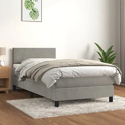 Abbildung von vidaXL Boxspringbett mit Matratze Bett Bettgestell Einzelbett Lattenrost Bettrahmen Polsterbett Hotelbett Schlafzimmerbett Hellgrau 90x200cm Samt