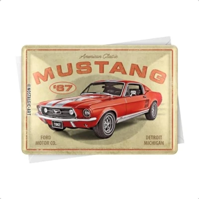 Abbildung von Nostalgic Art Retro Blechpostkarte, 10 x 14 cm, Ford Mustang GT 1967 Red Geschenk Idee für Zubehör Fans, Postkarte aus Metall, Mini Blechschild als Grußkarte