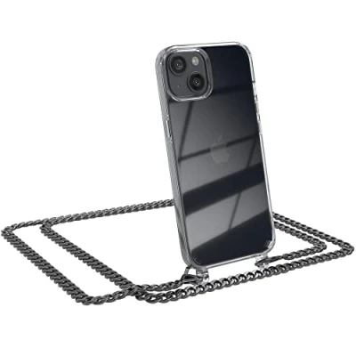 Abbildung von EAZY CASE Handykette kompatibel mit iPhone 13 Handyhülle Metal Umhängeband und Ersatz Kordel schwarz, Handykordel Schutzhülle, Stylische Kette, Anthrazit