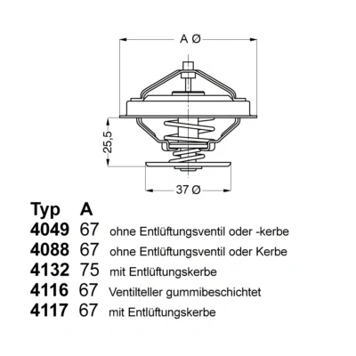 Abbildung von WAHLER 4116.87D1 Kühlwasserthermostat 87 mit Dichtung AUDI: 100 C3 Avant, 80 B4 Limousine, A6 C4 VOLKSWAGEN: LT 28 35 II Bus