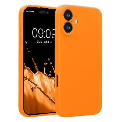 Abbildung von kwmobile Handyhülle kompatibel mit Apple iPhone 16 Plus Hülle gummierte Handy Case aus Silikon in Fruity Orange