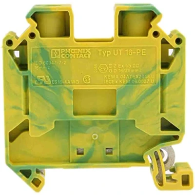 Abbildung von PHOENIX CONTACT UT 16 PE Modularer Erdungsklemmenblock mit Schraubanschluss, 2 Anzahl der Anschlüsse, AWG 4, 16mm² Nennquerschnitt, Grün/Gelb, 1 Stück