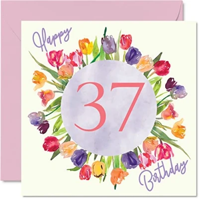 Abbildung von Schöne Geburtstagskarte zum 37. Geburtstag für Frauen Aquarell Tulpen Blumenstrauß Happy Birthday Karte Ihre Tochter, Tante, Schwester, Freundin, Geburtstagsgeschenk, 145 mm x