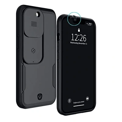 Abbildung von Spy Fy iPhone 13 Pro Hülle mit Schiebekamera Abdeckung Vorne und Hinten Schütze Deine Privatsphäre 2 Meter Fallschutz Matt Schwarz Kamera Valenta