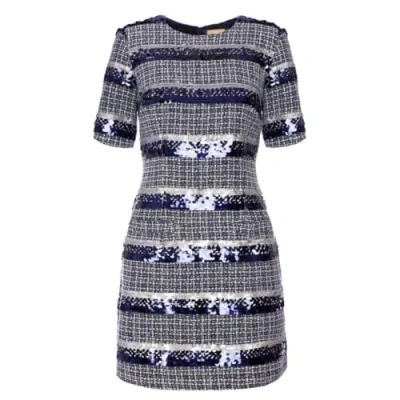 Abbildung von Swing Fasion Mindi Marineblaues Trapez Minikleid aus Tweed mit Paillettenverzierung 40(L) Ideal zum Ausgehen Freunden, Abendessen für Unternehmen Heiligabend, Weihnachtstag