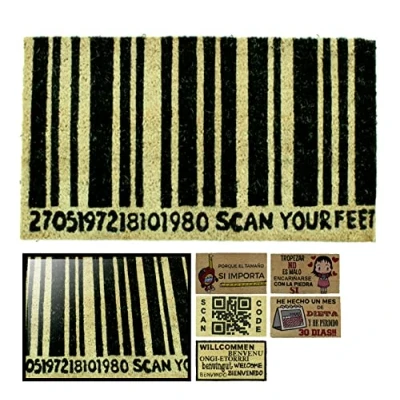 Abbildung von LucaHome Fußmatte aus natürlicher Kokosnuss, 70 x 40 cm, mit Rutschfester Unterseite, lustige Kokosmatte, Barcode, saugfähige für den Eingangsbereich, ideal Außentür oder Flur