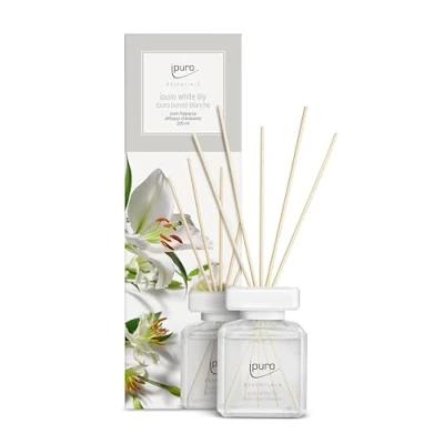 Abbildung von ipuro Essentials Raumduft WHITE LILY 200ml Raumerfrischer mit Pfirsich, Maiglöckchen, Jasmin, Nelke, weißem Moschus &amp; Zedernholz Duft Aroma Diffuser Stäbchen Lufterfrischer für Wohnung