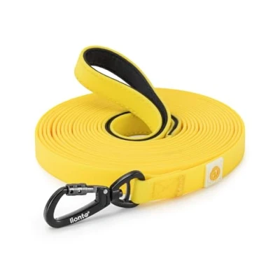Abbildung von lionto wetterfeste Schleppleine mit 360 Sicherheitskarabiner, 15 m, Tasche &amp; gepolsterter Handschlaufe, robuste Hundeleine aus Nylongewebe PVC Beschichtung für die Hundeerziehung, gelb