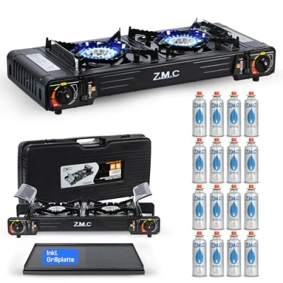 Abbildung von Z.M.C Premium Camping Gaskocher 2 flammig + Grillplatte 16 Gaskartuschen 227g, Campingkocher mit Transportkoffer für Outdoor und Innenraum, Balkon Tisch Doppelgaskocher Piezozündung