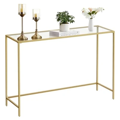 Abbildung von VASAGLE Konsolentisch, Beistelltisch, Oberfläche aus Hartglas, moderner Sofatisch, einfacher Aufbau, verstellbare Füße, Wohnzimmer, Flur, helles Gold transparent LGT036A01