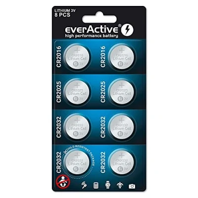 Abbildung von everActive Mix 2X CR2016, CR2025, 4X CR2032 3V Lithium Knopfzelle Batterien, leistungsstärkste Batterie, 10 Jahre Haltbarkeit, 8 Stück 1 Blisterkarte