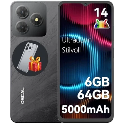Abbildung von OSCAL Flat 2C Handy Ohne Vertrag Günstig Android 14, 6GB+64GB/2TB SD, Octa Core 6,56&quot; HD+, 5000mAh Akku, 13MP+8MP Kamera, 4G Dual SIM Smartphone Simlockfreie Handys, GPS/2 Jahre Garantie