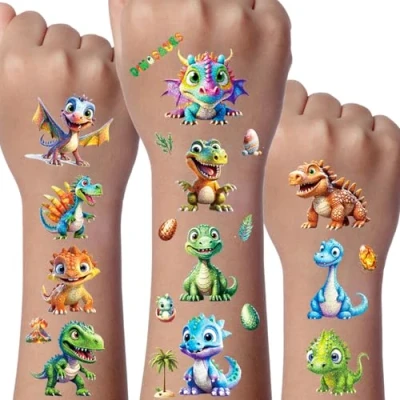 Abbildung von Dinosaurier Glitzer Tattoo Set Kinder, 12 Blätter Temporäre Spielzeug Geschenk, Geburtstag Deko Party, Mitgebsel Kindergeburtstag Junge