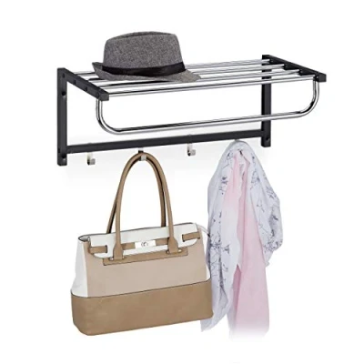Abbildung von Relaxdays Wandgarderobe mit Ablage, Garderobenleiste 4 Haken, Flur &amp; Bad, modern, Metall, HBT 25 x 60 32,5 cm, schwarz