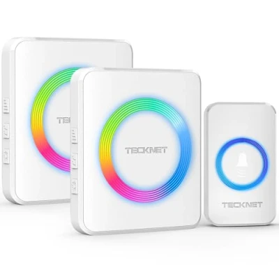 Abbildung von TECKNET Funkklingel, Kabellose Türklingel Funk Set 400m Reichweite, IP65 Aussen Wasserdicht Haustür Klingel Mit 2 Plug In Empfänger und 1 Sender, Ring doorbell Klingelknopf LED Blitz