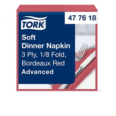 Abbildung von Tork 477618 Soft Dinnerservietten Bordeauxrot 1/8 Falz / 3 lagige Papierservietten Ideal für ein Abendessen 12 x 100 (1200) vorgefaltete Servietten Advanced Qualität 39 cm (B L)