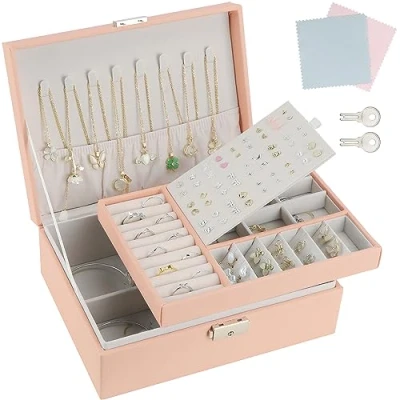 Abbildung von TEIVUL Schmuckkästchen,Damen 2 schichtige Schmuckaufbewahrung,PU Leder Schmuckkasten mit Schloss,geeignet für Halsketten,Ringe,Ohrringe,Armbänder,Jewelry Organizer Frauen und Mädchen (rosa)