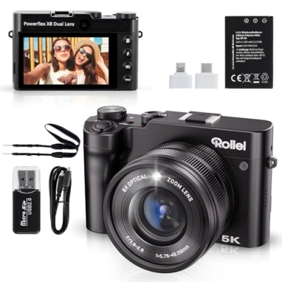 Abbildung von Rollei Powerflex X8 Dual Lens Digitalkamera, 64MP 5K Fotoapparat mit 8X Optischer Zoom Kompaktkamera 3,6&quot; Touch Screen Tragbar Fotokamera für Anfänger Schwarz, Digital Kamera