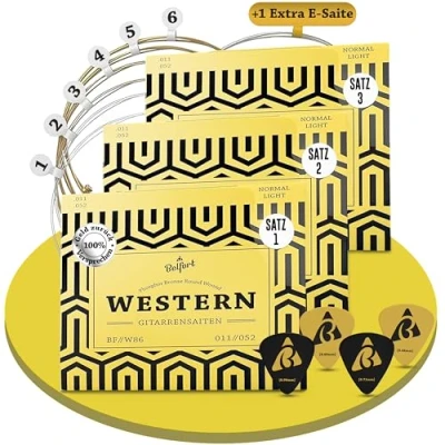Abbildung von BELFORT® Gitarrensaiten für Westerngitarre Premium Phosphor Bronze (3x6 Saiten Set) Western Gitarre &amp; Akustikgitarre BONUS 4 Plektren + Extra hohe acoustic E Saite (Gitarrensaiten Akustikgitarre)