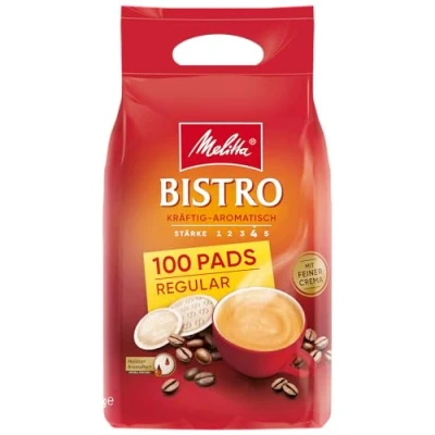 Abbildung von Melitta Café Bistro Röstkaffee in Kaffee Pads, 100 Kaffeepads für Pad Maschine, starke Röstung, geröstet Deutschland, kräftig aromatisch
