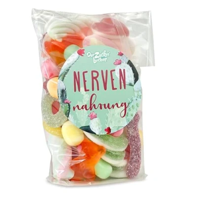 Abbildung von Kleiner Nachfüllbeutel Nervennahrung Süßigkeiten Mix im Geschenk Beutel, Idee für MitarbeiterInnen, SchülerInnen, Eltern