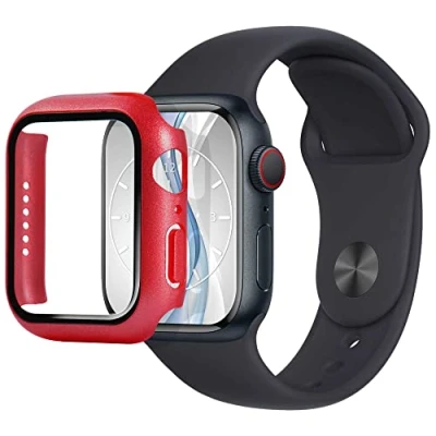Abbildung von mtb more energy Hülle kompatibel mit Apple Watch 9, 8, 7 (41mm) rot metallic integrierter Displayschutz aus gehärtetem Glas Rundum Schutz Bumper Gehäuse Schutzhülle Tempered Glass