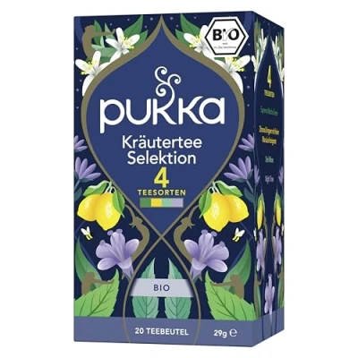 Abbildung von Pukka Tee, Bio Kräutertee Selektion, &quot;Surpreme Matcha Green&quot;, &quot;Zitrone &amp; Ingwer mit feiner Manuka Honignote&quot;, &quot;Drei Minze&quot;, &quot;Night Time&quot;, Für jeden Anlass, 1er Pack, 4 Teesorten x 5, 20 Teebeutel