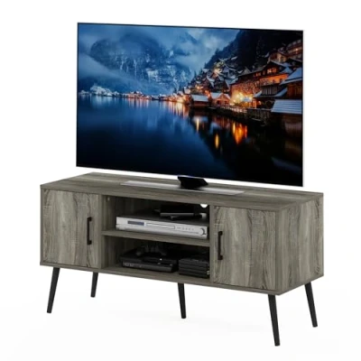 Abbildung von Furinno Claude TV Ständer mit Holzbeinen im Mid Century Stil, Französische Eiche, Two Cabinets
