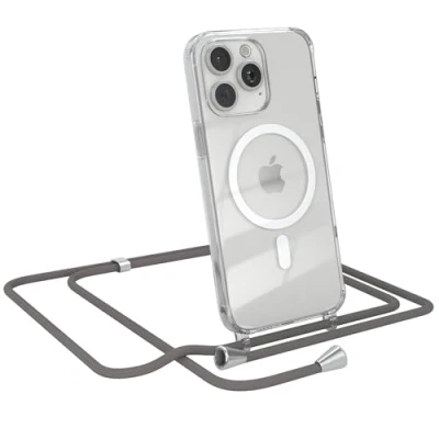 Abbildung von EAZY CASE Handykette kompatibel mit iPhone 15 Pro Max Kette zum Umhängen Stoßfest Handyhülle für Silikon Hülle Band Handytasche Transparent als Fallschutz in Anthrazit
