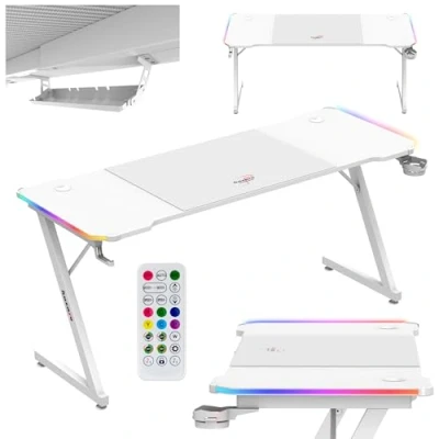 Abbildung von huzaro Hero 4.8 RGB White LED Gaming PC Tisch XXL Schreibtisch Inklusive Mauspad Kopfhörerhaken Getränkehalter Kabelorganisator Carbon Tischplatte Stabiler Computertisch 160x60cm Weiß