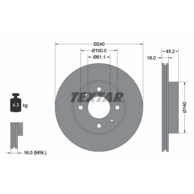 Abbildung von TEXTAR 92063200 Bremsscheibe 240 18 04/06 100 innenbelüftet ohne Radbefestigungsbolzen, Radnabe NISSAN: 100NX, SUNNY 3 Schrägheck, 2 Coupe