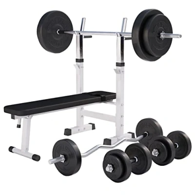 Abbildung von GORILLA SPORTS Hantelbank mit Ablage, Dip Station, inkl. Hantelset 100kg, Klappbar, Schwarz/Weiß