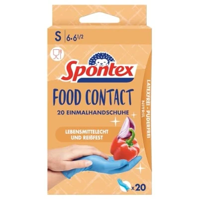 Abbildung von Spontex Food Contact, 20 Einmalhandschuhe aus Nitril, lebensmittelecht, latexfrei und ungepudert, Größe S (1 x Stück)