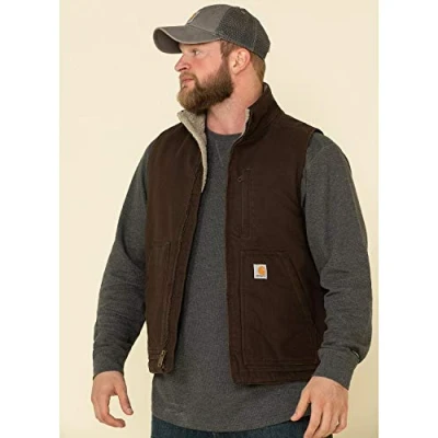 Abbildung von Carhartt Herren Loose Fit Washed Duck Sherpa Lined Mock Neck Vest Work Utility Oberbekleidung, Dunkelbraun, S