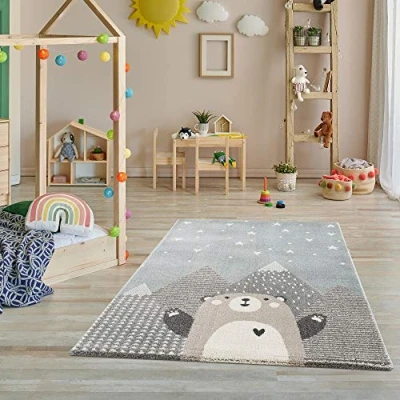 Abbildung von Teppich Kinderzimmer Teppiche für Kinderzimmer, Kinderteppich Junge, mit Bergen, Bär, Panda, Sterne, (Türkis Beige, Größe: 160x230 cm)