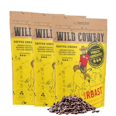 Abbildung von Blank Roast Wild Cowboy Kaffee Kaffeebohnen 1kg (3er Pack) mit Hickoryholz geröstet Ganze aus Brasilien &amp; Uganda 100% Arabica Blend schokoladigen Nuancen säurearm