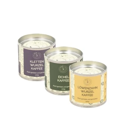 Abbildung von Drei Kaffeealternativen Set von LIEVIE. Koffeinfreie 300g EICHELKAFFEE, LÖWENZAHNWURZELKAFFEE, KLETTENWURZELKAFFEE (neues Dosengewicht für Löwenzahnwurzelkaffee)