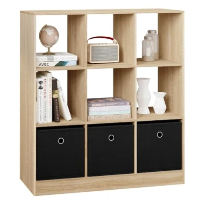 Abbildung von WOLTU Bücherregal Bücherschrank Standregal Würfelregal Aufbewahrungregal Raumteiler Büroregal, mit 9 Fächern 3 Schubladen aus Vliesstoff, für Wohnzimmer Schlafzimmer Büro, helle Eiche, SK041hei