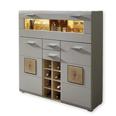 Abbildung von Stella Trading FUN PLUS 2 Barschrank in Basalt mit Hirnholz Applikationen Modernes Highboard LED Beleuchtung 120 x 129 37 cm (B/H/T)