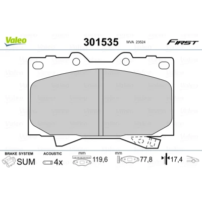 Abbildung von VALEO 301535 Bremsbelagsatz FIRST Vorderachse inkl. Verschleißwarnkontakt ohne Anti Quietsch Blech TOYOTA: Land Cruiser Prado 70 SUV, 100