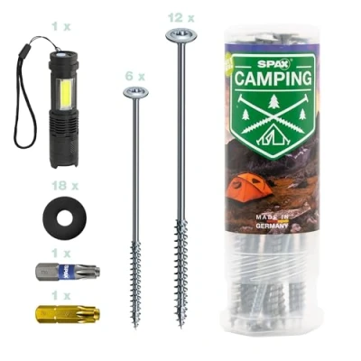 Abbildung von SPAX Campingset 18 Zeltschrauben, 2 Bits, Unterlegscheiben &amp; Taschenlampe, Schraubheringe zur Befestigung von Zelt, Markise, Segel, Pavillon 8000000294600