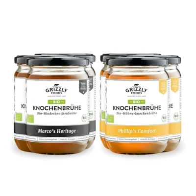 Abbildung von Grizzly Foods BIO Knochenbrühe Rind &amp; Huhn (6 x 500ml) Mehr als 20g Kollagen pro Glas 72 Stunden lang gekocht 100% natürlich ohne Zucker, Zusätze Wertvolle Nährstoffe
