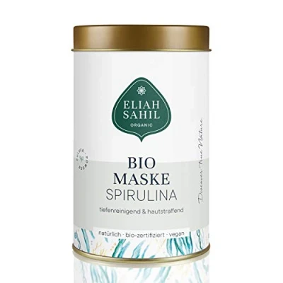Abbildung von ELIAH SAHIL bio Anti Aging Gesichtsmaske Spirulina 100g 28 Anwendungen mit &amp; Laminaria Tiefenreinigung Heilerde Vegan zertifiziert Plastikfreie Glasverpackung