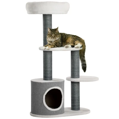 Abbildung von PawHut Kratzbaum Katzenkratzbaum mit Katzenhöhle, 3 Plattformen, Katzenmöbel, Grau+Weiß, 30.5B x 55.5L 98H cm