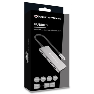 Abbildung von CONCEPTRONIC HUBBIES16G 4 Port USB 3.2 Gen 2 Hub, 10 Gbit/s, C x 4, 100 W PD, Aluminiumgehäuse