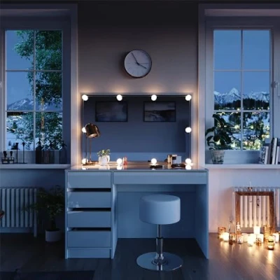 Abbildung von Vicco Schminktisch Sherry, Weiß/Gold, 120 cm mit LED Beleuchtung und Hocker